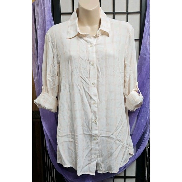 Calvin Klein Tops - Calvin Klein Long Sleeve Roll Tab Peach & White Plaid Button Down Shirt - Sz S